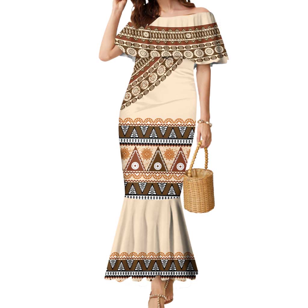 Bula Fiji Mermaid Dress 2025 Pasifika Traditional Fijian Masi LT14 Women Beige - Polynesian Pride