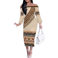 Bula Fiji Off The Shoulder Long Sleeve Dress 2025 Pasifika Traditional Fijian Masi LT14 Women Beige - Polynesian Pride