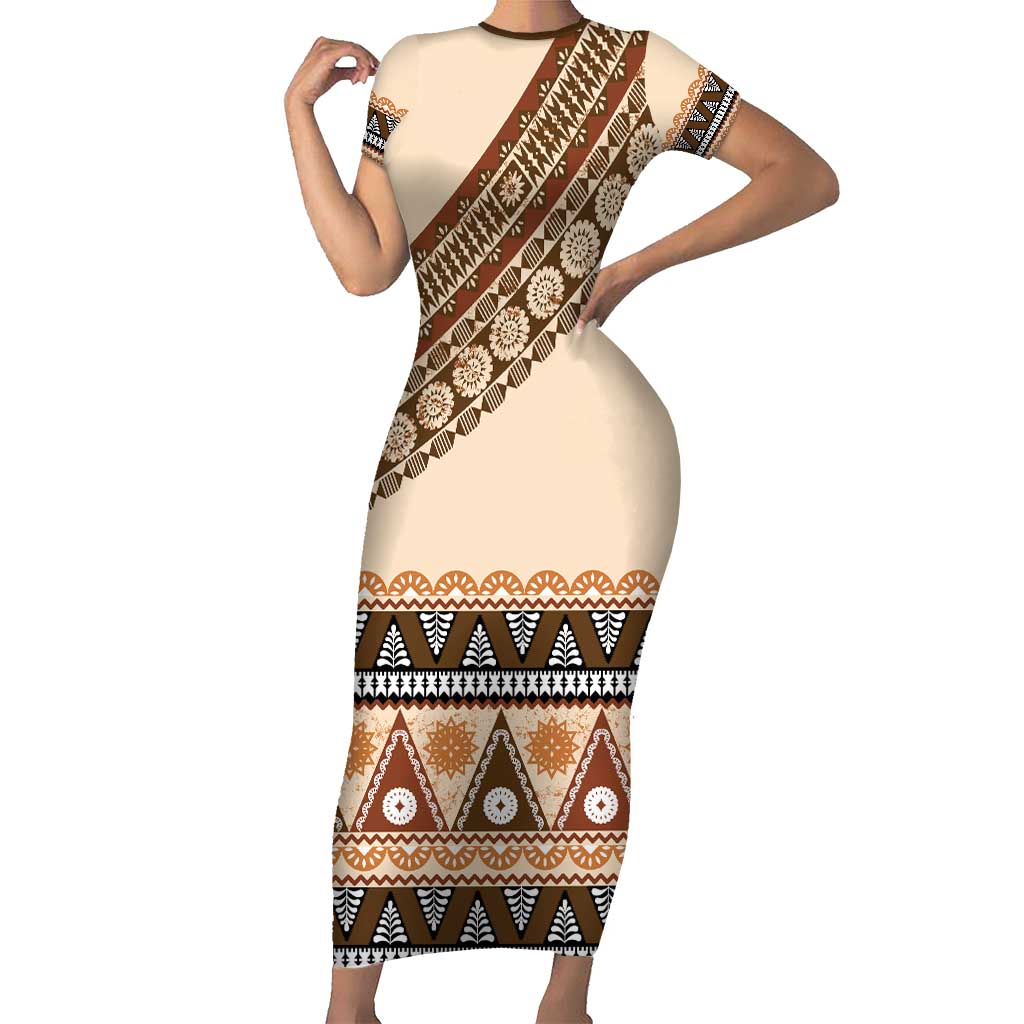 Bula Fiji Short Sleeve Bodycon Dress 2025 Pasifika Traditional Fijian Masi LT14 Long Dress Beige - Polynesian Pride
