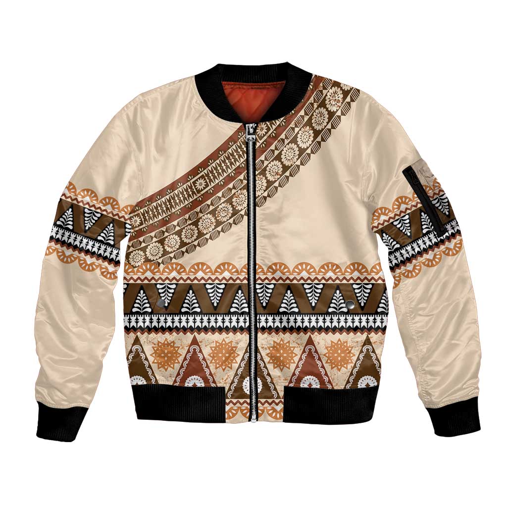 Bula Fiji Sleeve Zip Bomber Jacket 2025 Pasifika Traditional Fijian Masi LT14 Unisex Beige - Polynesian Pride