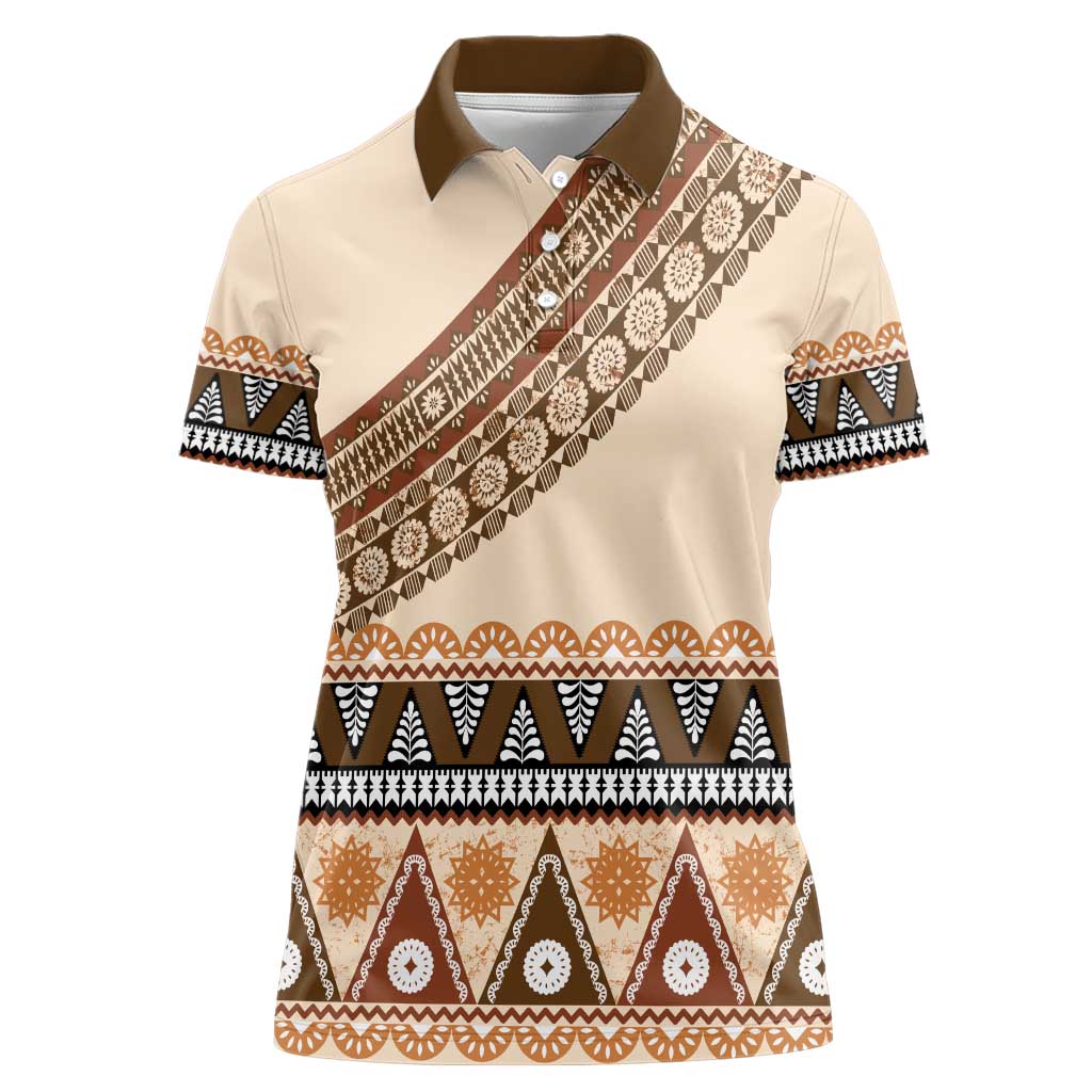 Bula Fiji Women Polo Shirt 2025 Pasifika Traditional Fijian Masi LT14 Female Beige - Polynesian Pride