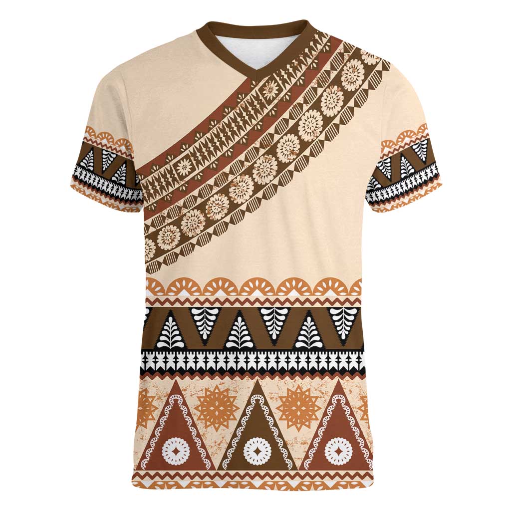 Bula Fiji Women V-Neck T-Shirt 2025 Pasifika Traditional Fijian Masi LT14 Female Beige - Polynesian Pride