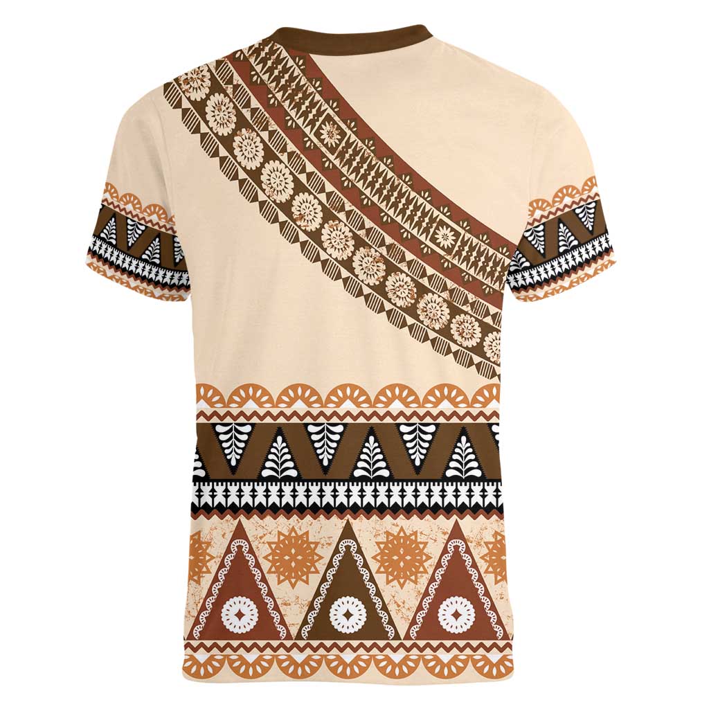 Bula Fiji Women V-Neck T-Shirt 2025 Pasifika Traditional Fijian Masi LT14 - Polynesian Pride