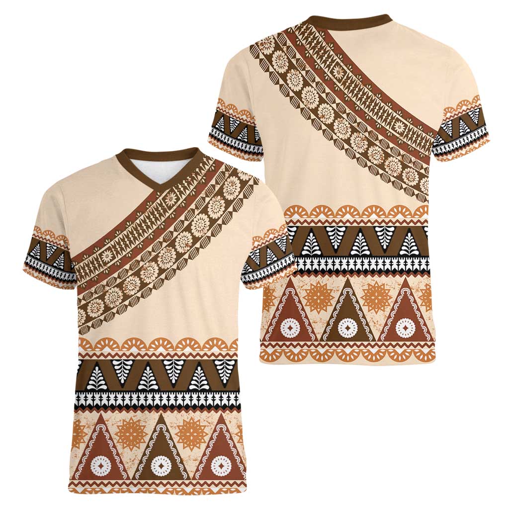 Bula Fiji Women V-Neck T-Shirt 2025 Pasifika Traditional Fijian Masi LT14 - Polynesian Pride