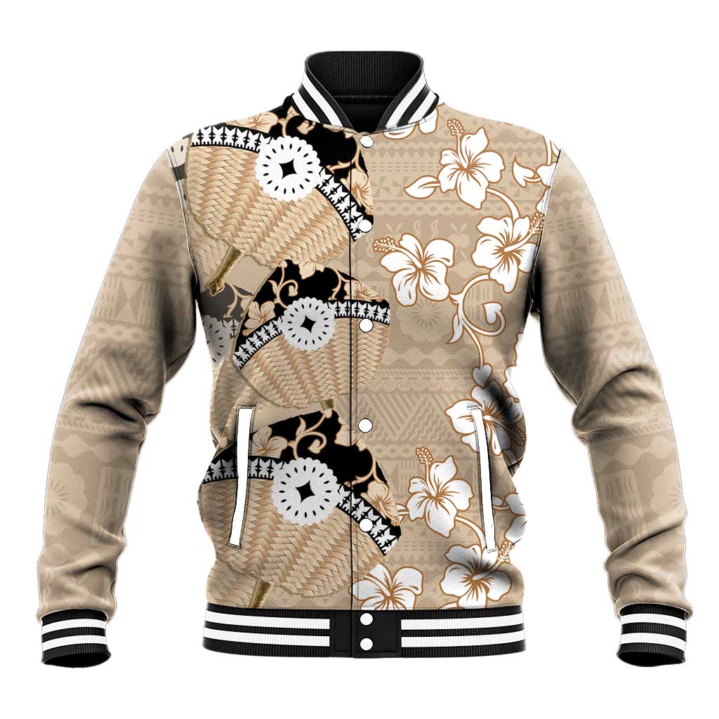 Bula Fiji Iri Buli Baseball Jacket Woven Fan With Fijian Tapa LT14 Unisex Beige - Polynesian Pride