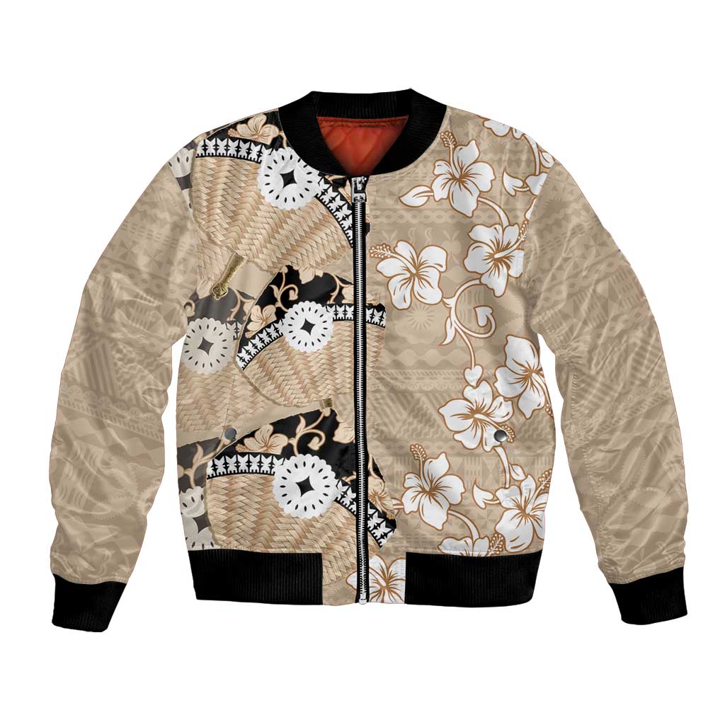 Bula Fiji Iri Buli Bomber Jacket Woven Fan With Fijian Tapa LT14 Unisex Beige - Polynesian Pride