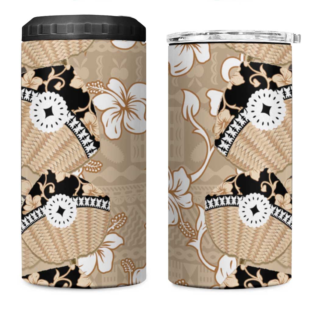 Bula Fiji Iri Buli 4 in 1 Can Cooler Tumbler Woven Fan With Fijian Tapa LT14 One Size: 16 oz Beige - Polynesian Pride