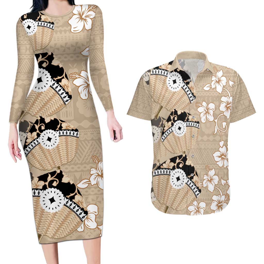 Bula Fiji Iri Buli Couples Matching Long Sleeve Bodycon Dress and Hawaiian Shirt Woven Fan With Fijian Tapa LT14 Beige - Polynesian Pride