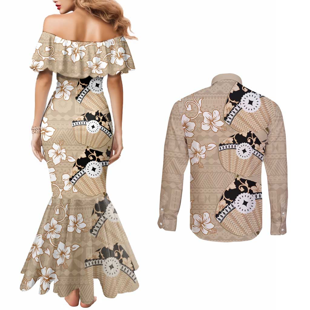 Bula Fiji Iri Buli Couples Matching Mermaid Dress and Long Sleeve Button Shirt Woven Fan With Fijian Tapa LT14 - Polynesian Pride