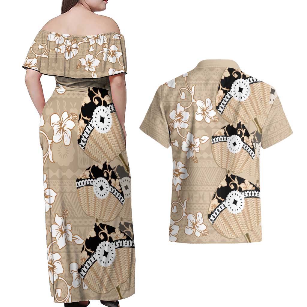 Bula Fiji Iri Buli Couples Matching Off Shoulder Maxi Dress and Hawaiian Shirt Woven Fan With Fijian Tapa LT14 - Polynesian Pride