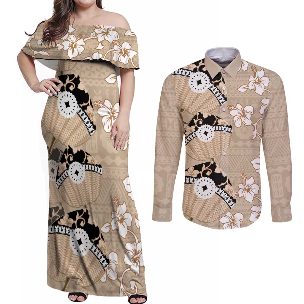 Bula Fiji Iri Buli Couples Matching Off Shoulder Maxi Dress and Long Sleeve Button Shirt Woven Fan With Fijian Tapa LT14 Beige - Polynesian Pride