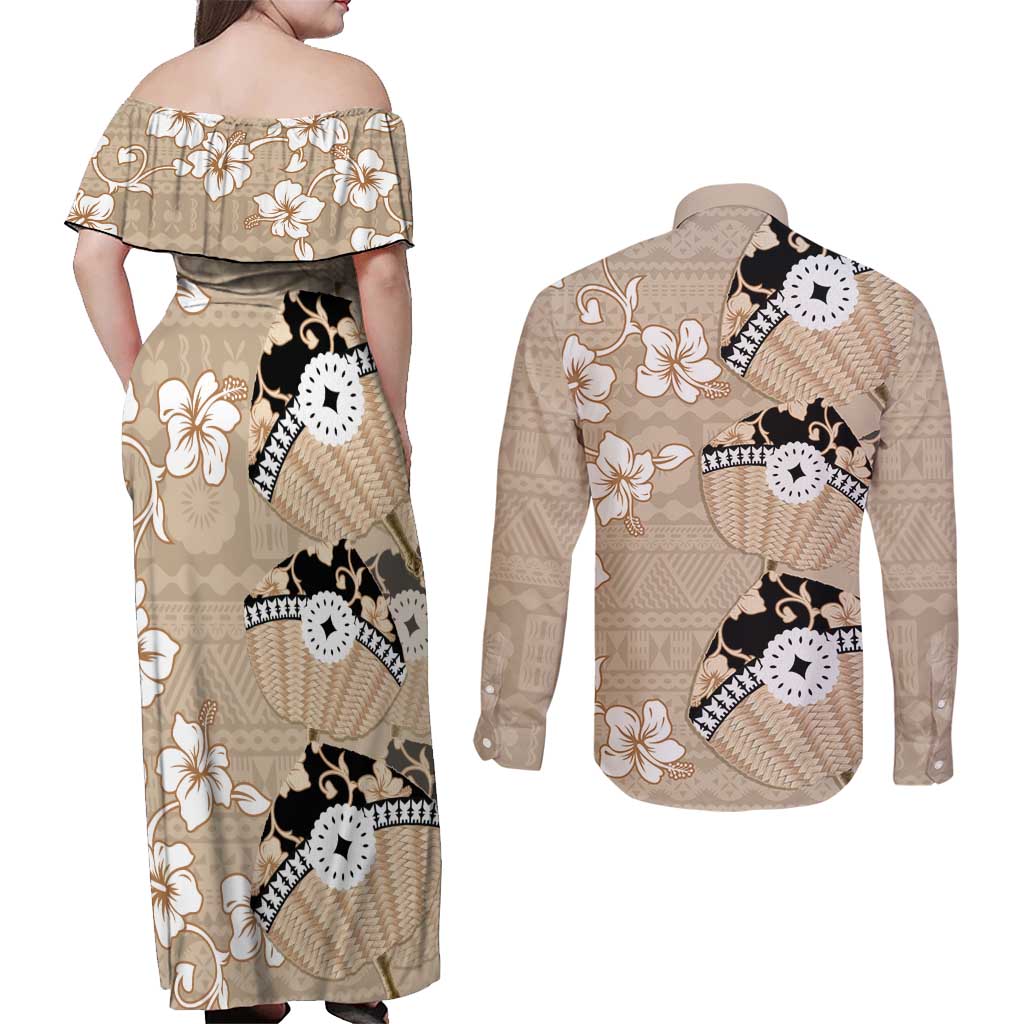 Bula Fiji Iri Buli Couples Matching Off Shoulder Maxi Dress and Long Sleeve Button Shirt Woven Fan With Fijian Tapa LT14 - Polynesian Pride