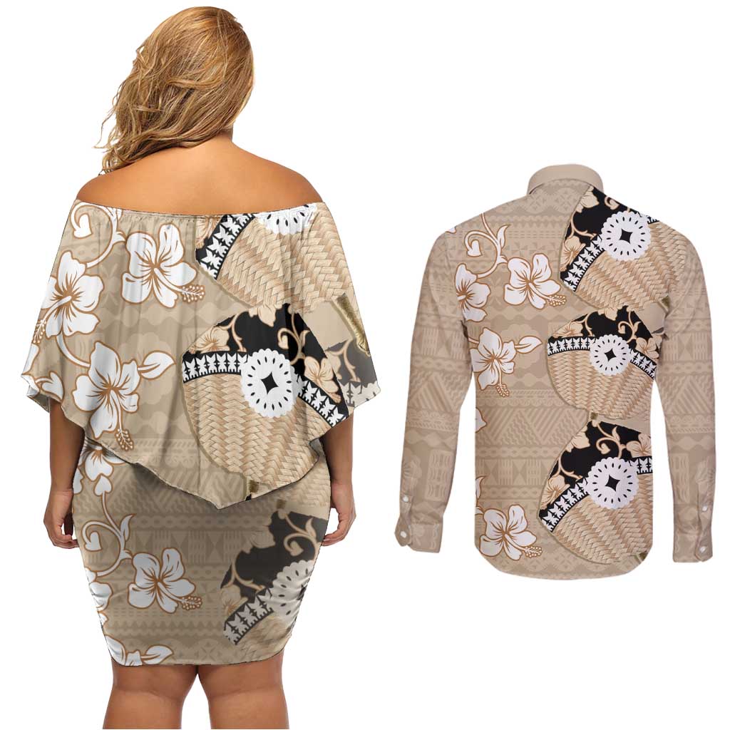 Bula Fiji Iri Buli Couples Matching Off Shoulder Short Dress and Long Sleeve Button Shirt Woven Fan With Fijian Tapa LT14 - Polynesian Pride