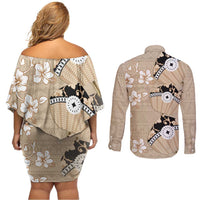 Bula Fiji Iri Buli Couples Matching Off Shoulder Short Dress and Long Sleeve Button Shirt Woven Fan With Fijian Tapa LT14 - Polynesian Pride