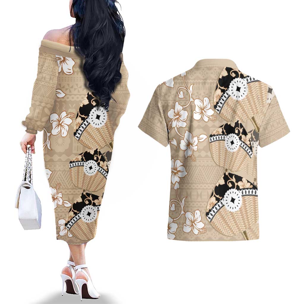 Bula Fiji Iri Buli Couples Matching Off The Shoulder Long Sleeve Dress and Hawaiian Shirt Woven Fan With Fijian Tapa LT14 - Polynesian Pride