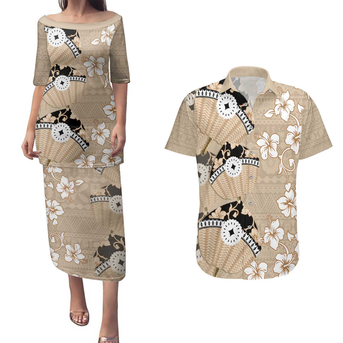 Bula Fiji Iri Buli Couples Matching Puletasi and Hawaiian Shirt Woven Fan With Fijian Tapa LT14 Beige - Polynesian Pride