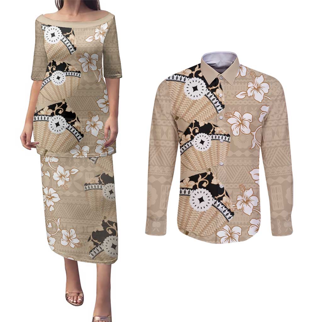 Bula Fiji Iri Buli Couples Matching Puletasi and Long Sleeve Button Shirt Woven Fan With Fijian Tapa LT14 Beige - Polynesian Pride