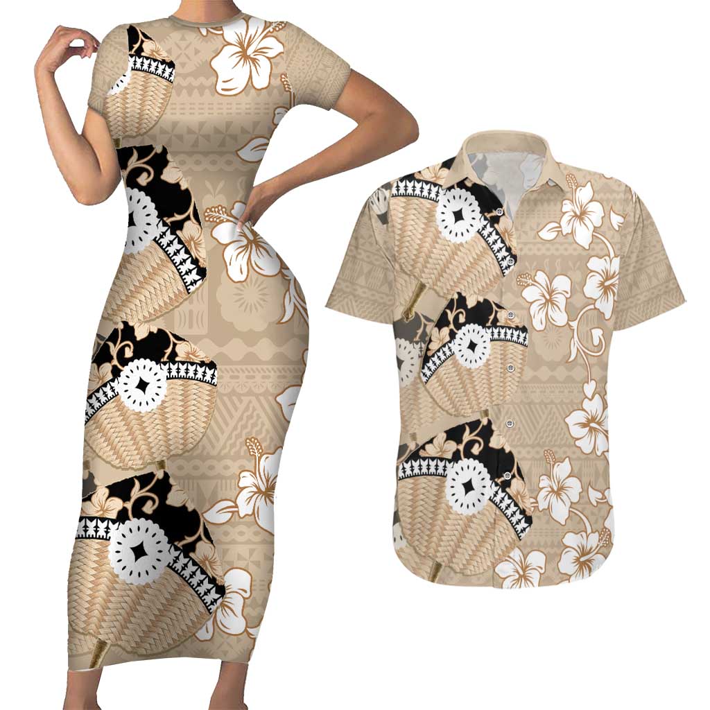 Bula Fiji Iri Buli Couples Matching Short Sleeve Bodycon Dress and Hawaiian Shirt Woven Fan With Fijian Tapa LT14 Beige - Polynesian Pride