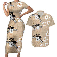 Bula Fiji Iri Buli Couples Matching Short Sleeve Bodycon Dress and Hawaiian Shirt Woven Fan With Fijian Tapa LT14 Beige - Polynesian Pride