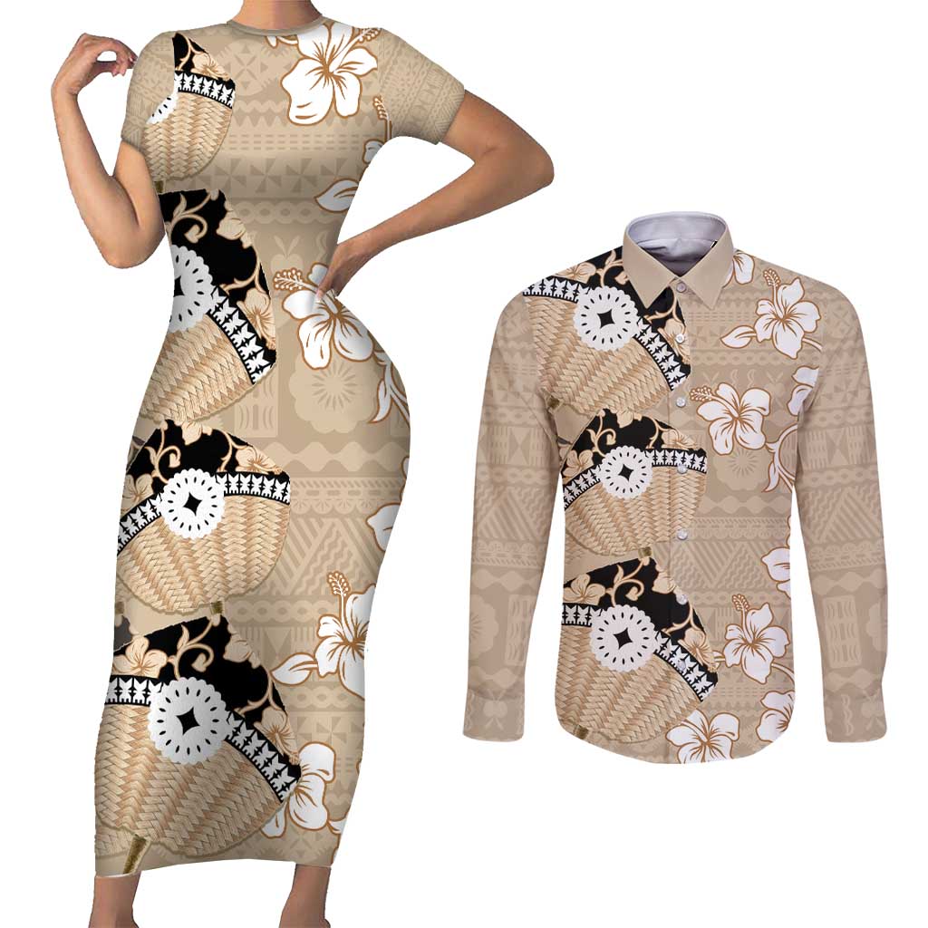 Bula Fiji Iri Buli Couples Matching Short Sleeve Bodycon Dress and Long Sleeve Button Shirt Woven Fan With Fijian Tapa LT14 Beige - Polynesian Pride