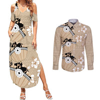 Bula Fiji Iri Buli Couples Matching Summer Maxi Dress and Long Sleeve Button Shirt Woven Fan With Fijian Tapa LT14 Beige - Polynesian Pride