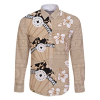 Bula Fiji Iri Buli Family Matching Long Sleeve Bodycon Dress and Hawaiian Shirt Woven Fan With Fijian Tapa LT14 Dad's Shirt - Long Sleeve Beige - Polynesian Pride