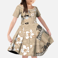 Bula Fiji Iri Buli Family Matching Mermaid Dress and Hawaiian Shirt Woven Fan With Fijian Tapa LT14 Daughter's Dress Beige - Polynesian Pride