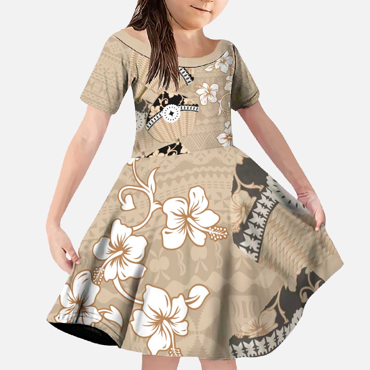 Bula Fiji Iri Buli Family Matching Off The Shoulder Long Sleeve Dress and Hawaiian Shirt Woven Fan With Fijian Tapa LT14 Daughter's Dress Beige - Polynesian Pride