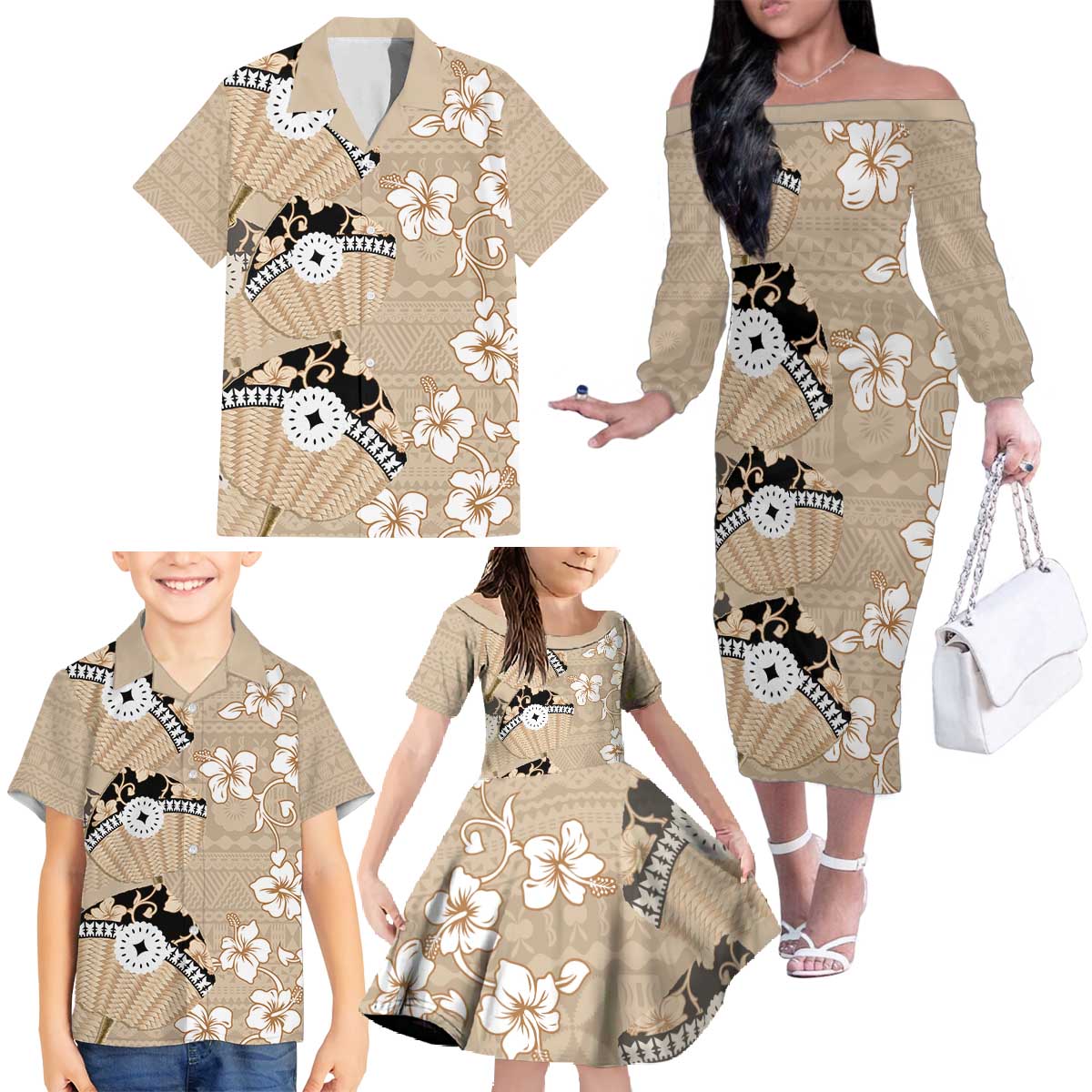 Bula Fiji Iri Buli Family Matching Off The Shoulder Long Sleeve Dress and Hawaiian Shirt Woven Fan With Fijian Tapa LT14 - Polynesian Pride