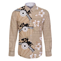 Bula Fiji Iri Buli Family Matching Off The Shoulder Long Sleeve Dress and Hawaiian Shirt Woven Fan With Fijian Tapa LT14 Dad's Shirt - Long Sleeve Beige - Polynesian Pride