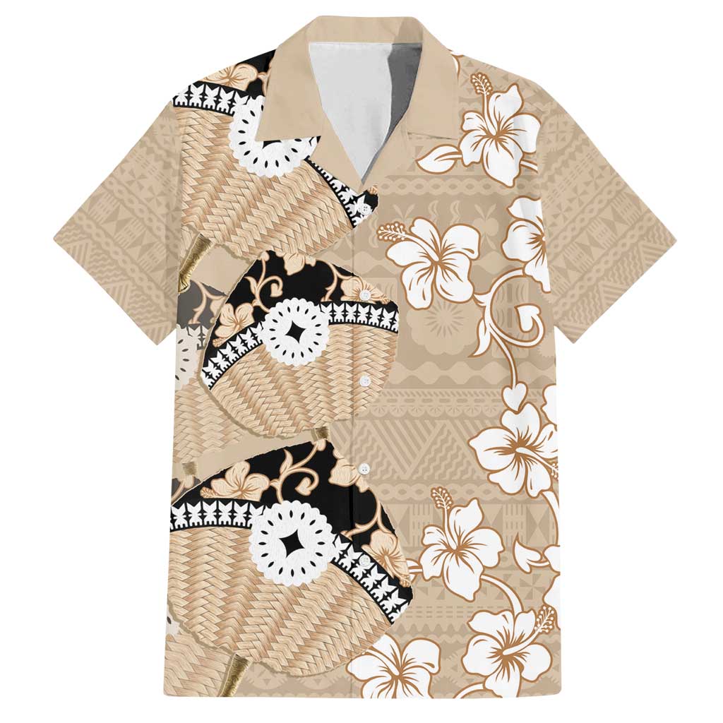 Bula Fiji Iri Buli Family Matching Off Shoulder Maxi Dress and Hawaiian Shirt Woven Fan With Fijian Tapa LT14 Dad's Shirt - Short Sleeve Beige - Polynesian Pride