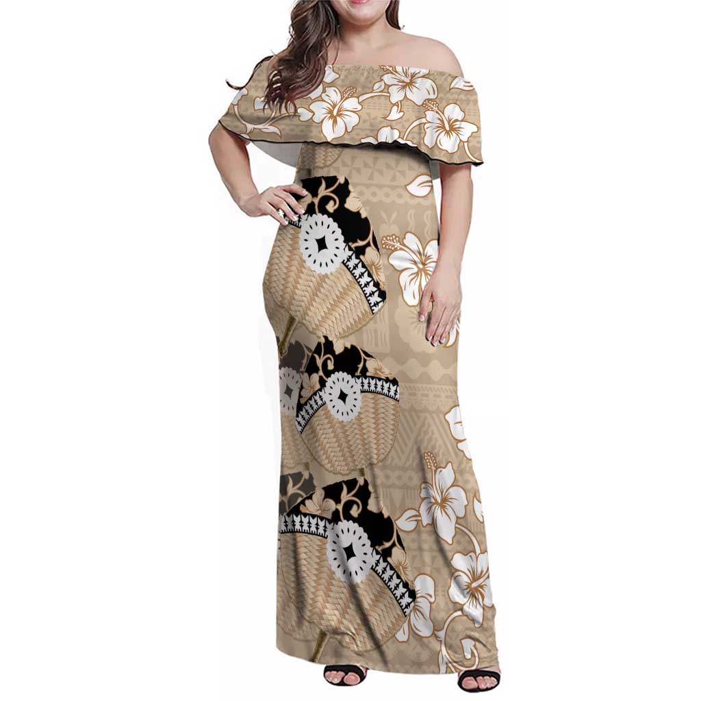 Bula Fiji Iri Buli Family Matching Off Shoulder Maxi Dress and Hawaiian Shirt Woven Fan With Fijian Tapa LT14 Mom's Dress Beige - Polynesian Pride