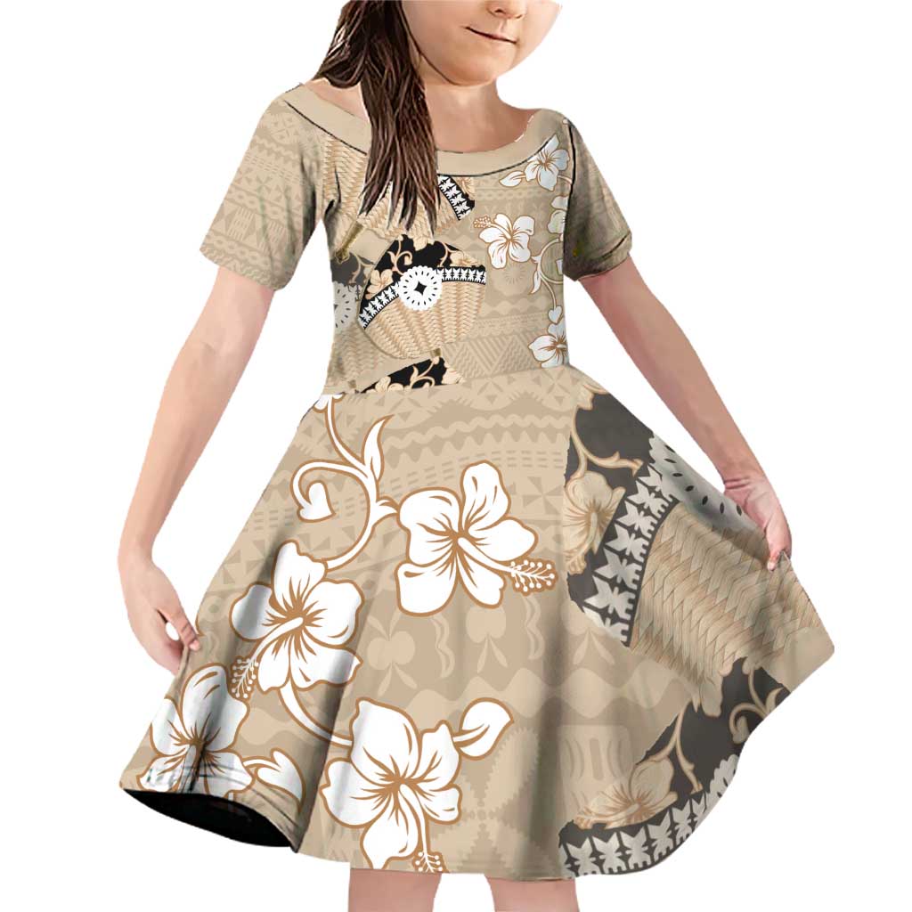 Bula Fiji Iri Buli Family Matching Off Shoulder Short Dress and Hawaiian Shirt Woven Fan With Fijian Tapa LT14 Daughter's Dress Beige - Polynesian Pride