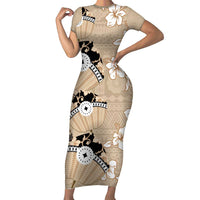 Bula Fiji Iri Buli Family Matching Short Sleeve Bodycon Dress and Hawaiian Shirt Woven Fan With Fijian Tapa LT14 Mom's Dress Beige - Polynesian Pride
