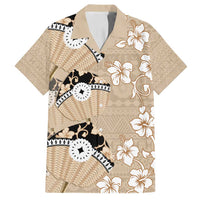 Bula Fiji Iri Buli Family Matching Summer Maxi Dress and Hawaiian Shirt Woven Fan With Fijian Tapa LT14 Dad's Shirt - Short Sleeve Beige - Polynesian Pride