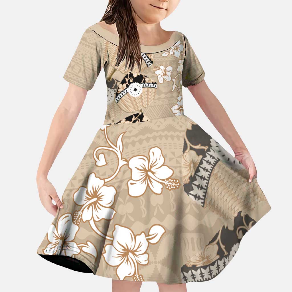 Bula Fiji Iri Buli Family Matching Tank Maxi Dress and Hawaiian Shirt Woven Fan With Fijian Tapa LT14 Daughter's Dress Beige - Polynesian Pride