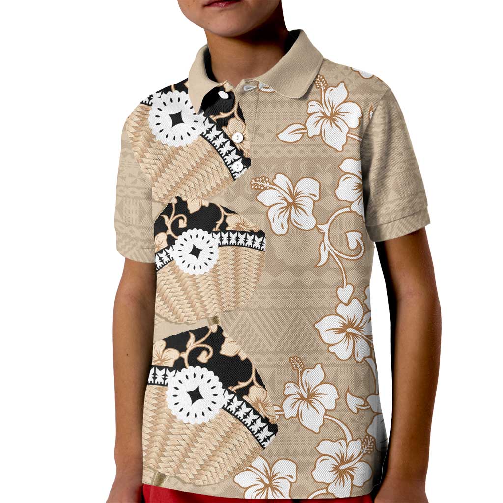 Bula Fiji Iri Buli Kid Polo Shirt Woven Fan With Fijian Tapa LT14 Kid Beige - Polynesian Pride