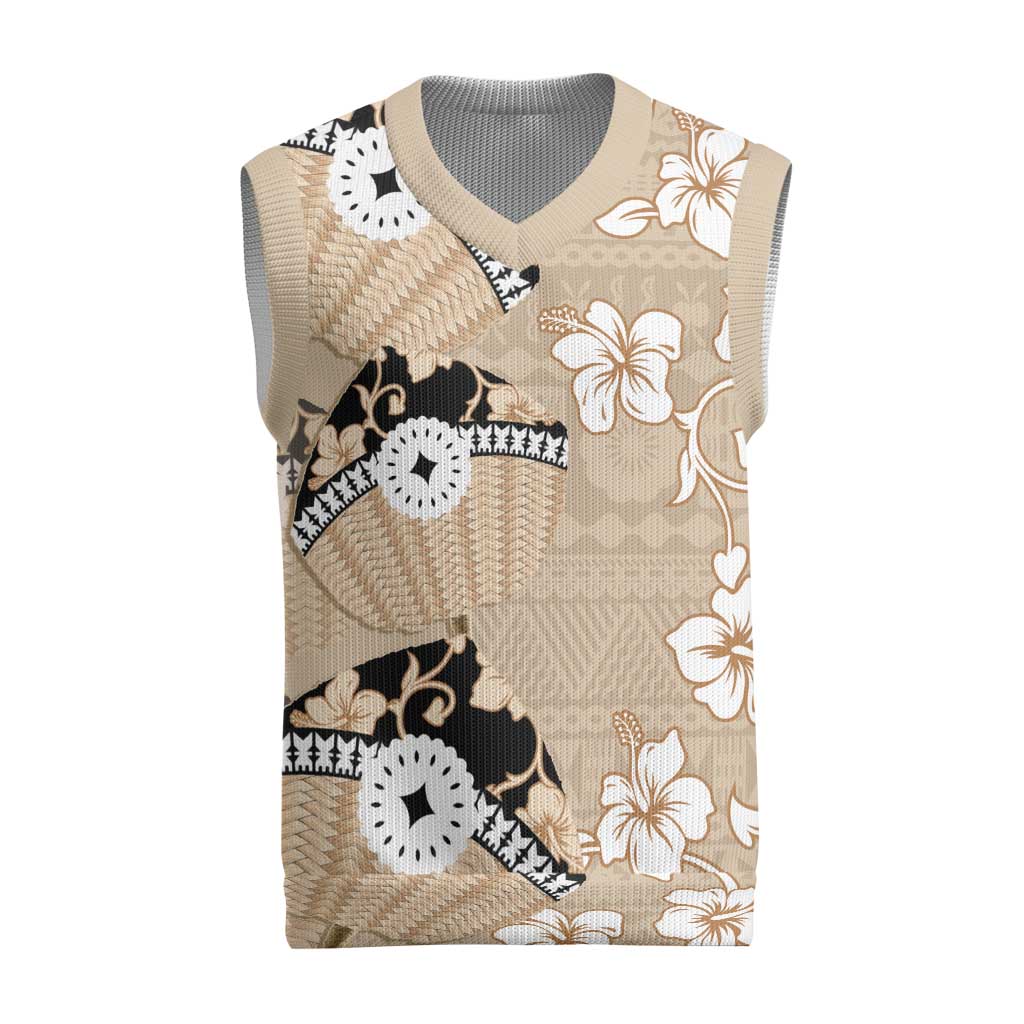 Bula Fiji Iri Buli Christmas Knitted V-Neck Vest Woven Fan With Fijian Tapa LT14 Beige - Polynesian Pride