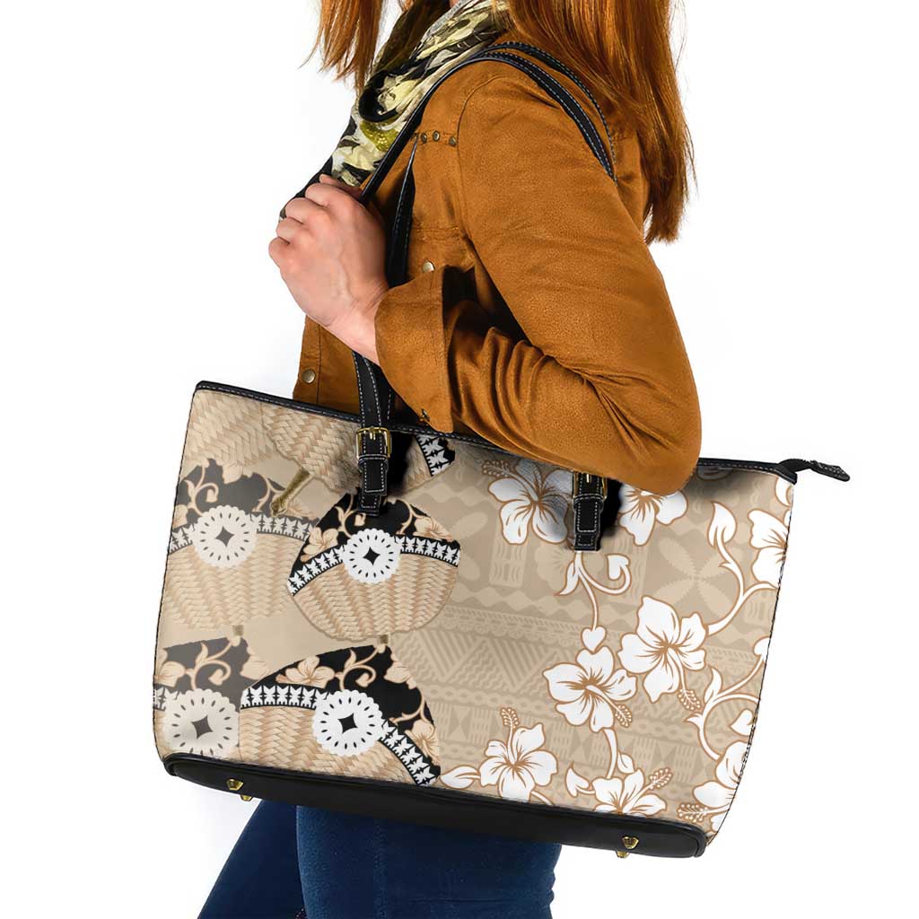 Bula Fiji Iri Buli Leather Tote Bag Woven Fan With Fijian Tapa LT14 Beige - Polynesian Pride