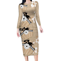 Bula Fiji Iri Buli Long Sleeve Bodycon Dress Woven Fan With Fijian Tapa LT14 Long Dress Beige - Polynesian Pride