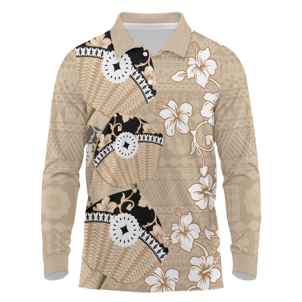 Bula Fiji Iri Buli Long Sleeve Polo Shirt Woven Fan With Fijian Tapa LT14 Beige - Polynesian Pride