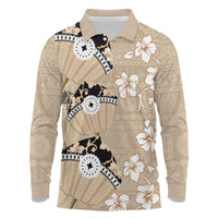 Bula Fiji Iri Buli Long Sleeve Polo Shirt Woven Fan With Fijian Tapa LT14 Beige - Polynesian Pride
