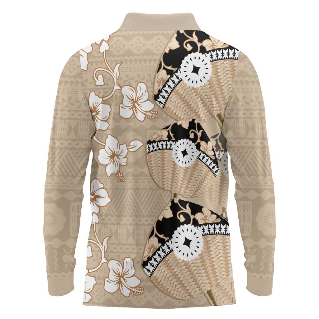 Bula Fiji Iri Buli Long Sleeve Polo Shirt Woven Fan With Fijian Tapa LT14 - Polynesian Pride