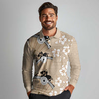 Bula Fiji Iri Buli Long Sleeve Polo Shirt Woven Fan With Fijian Tapa LT14 - Polynesian Pride