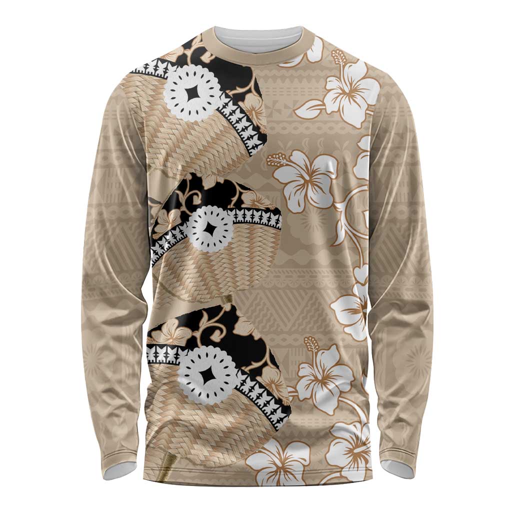 Bula Fiji Iri Buli Long Sleeve Shirt Woven Fan With Fijian Tapa LT14 Unisex Beige - Polynesian Pride
