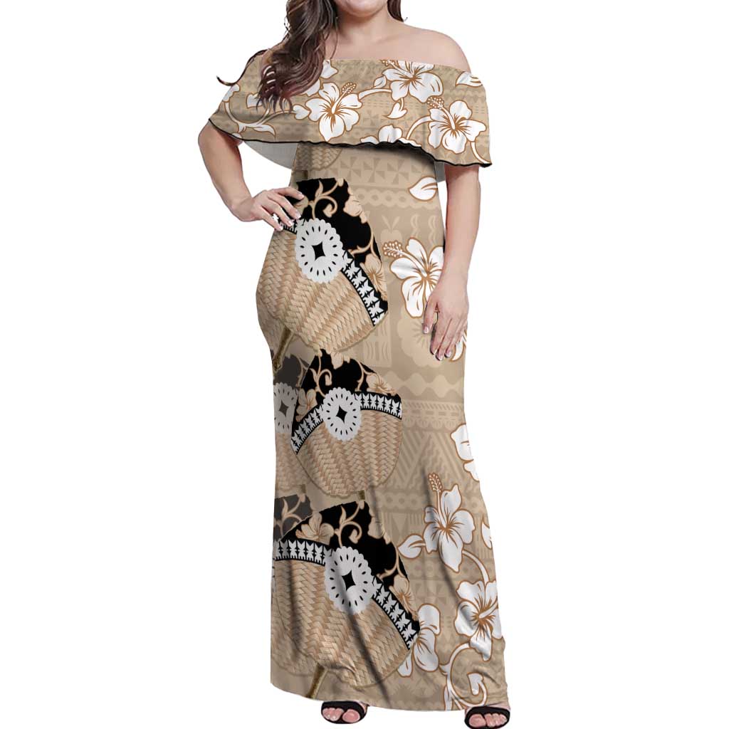 Bula Fiji Iri Buli Off Shoulder Maxi Dress Woven Fan With Fijian Tapa LT14 Women Beige - Polynesian Pride