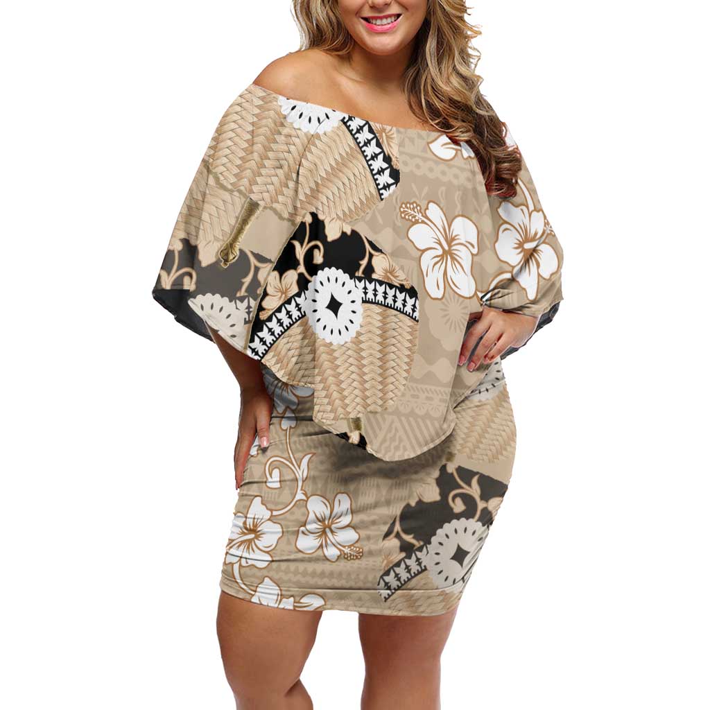 Bula Fiji Iri Buli Off Shoulder Short Dress Woven Fan With Fijian Tapa LT14 Women Beige - Polynesian Pride