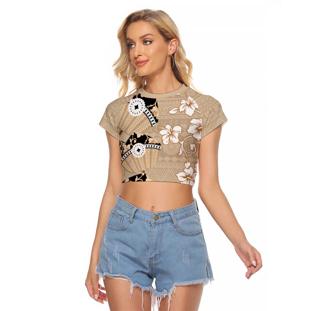 Bula Fiji Iri Buli Raglan Cropped T Shirt Woven Fan With Fijian Tapa LT14 Female Beige - Polynesian Pride