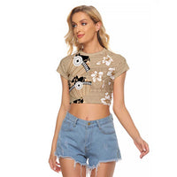 Bula Fiji Iri Buli Raglan Cropped T Shirt Woven Fan With Fijian Tapa LT14 Female Beige - Polynesian Pride