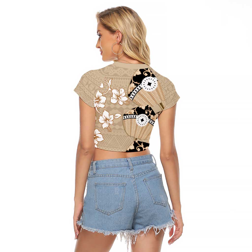 Bula Fiji Iri Buli Raglan Cropped T Shirt Woven Fan With Fijian Tapa LT14 - Polynesian Pride